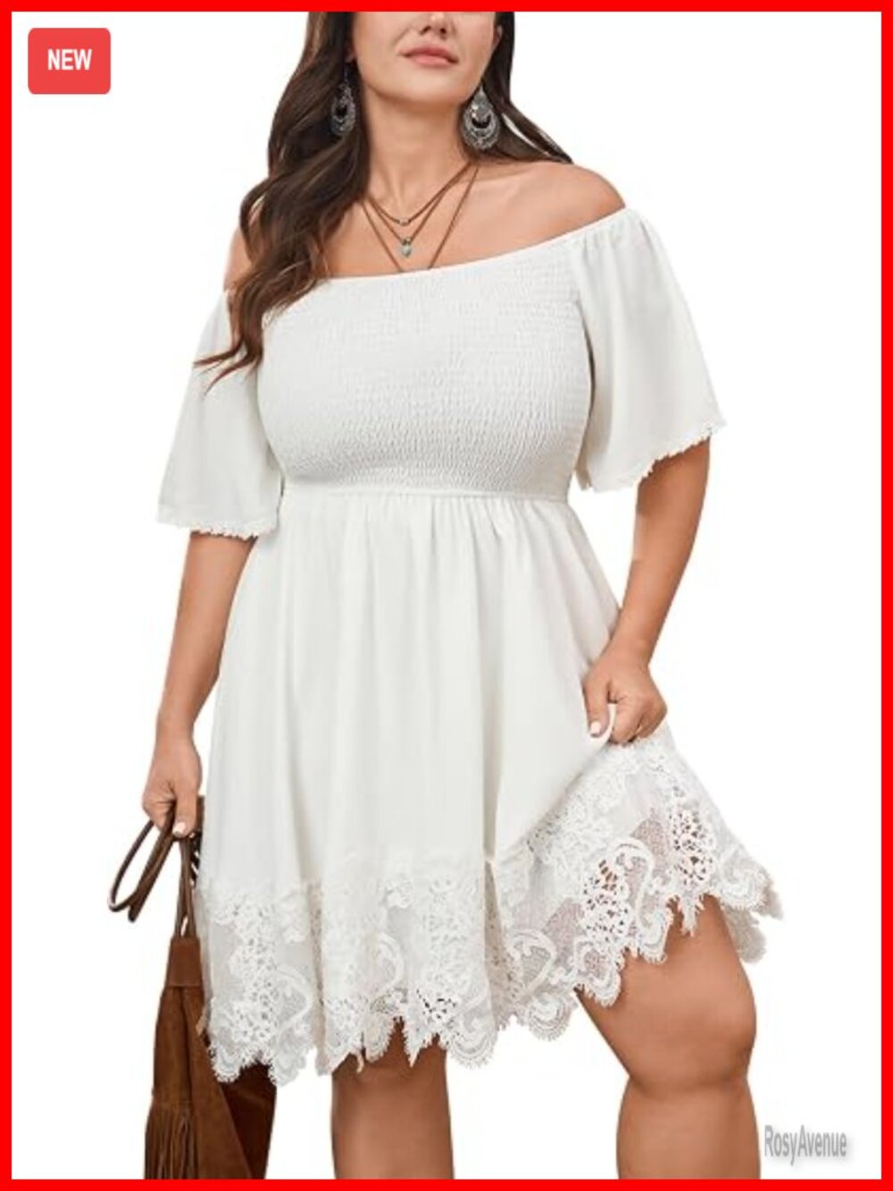 Plus Size Off The Shoulder Mini Dress Smocked Lace Trim Boho Flow Summer